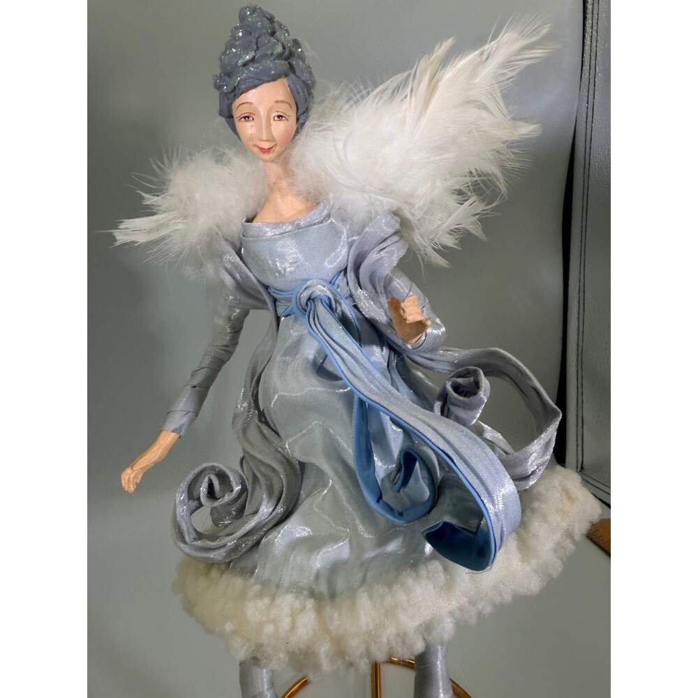 Elegant Silver & Blue Angel Fairy Posable Ornament w- Feathers & Glitter 9.5"